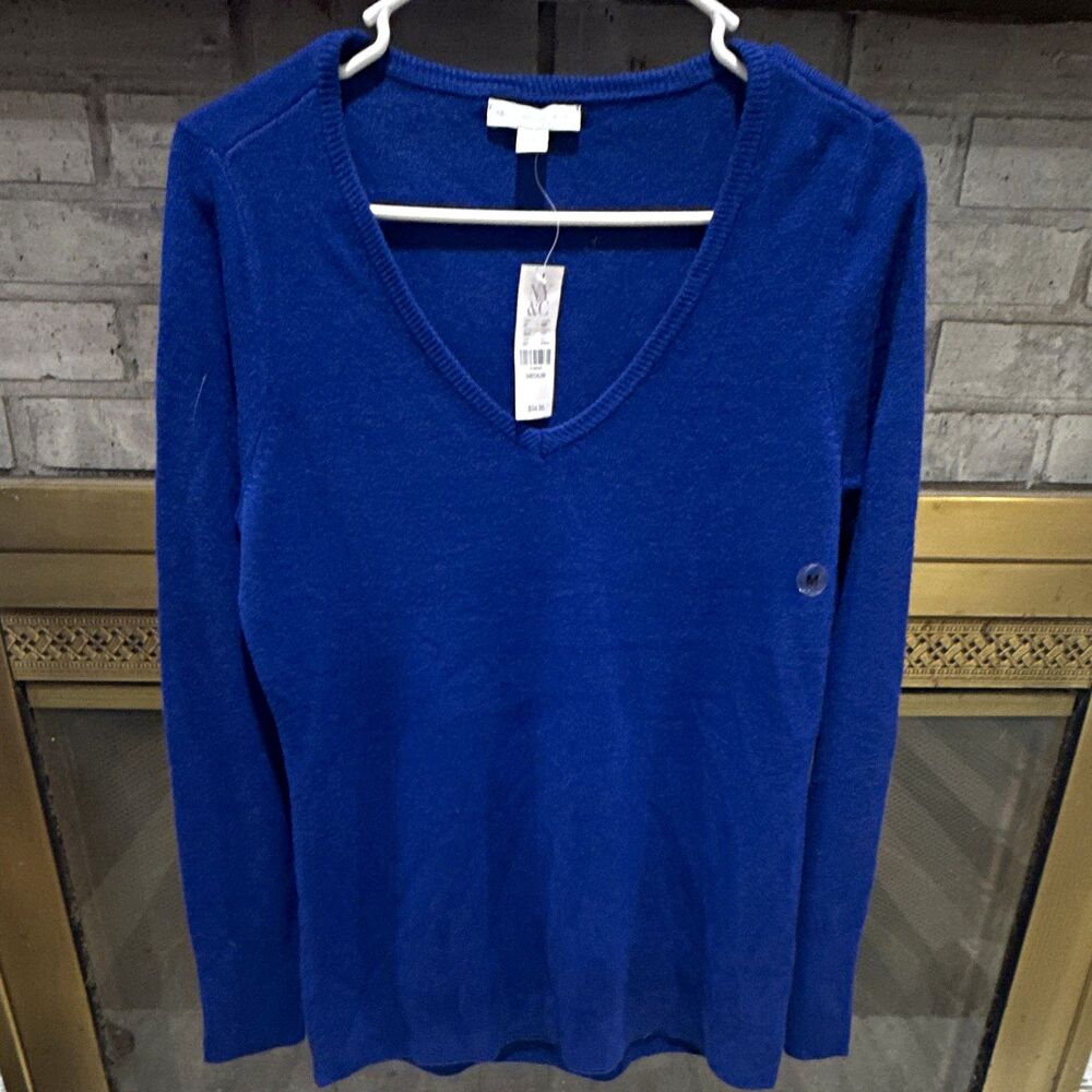 New York & Company Blue V-Neck Pullover Sweater Long Sleeve Knit Acrylic M